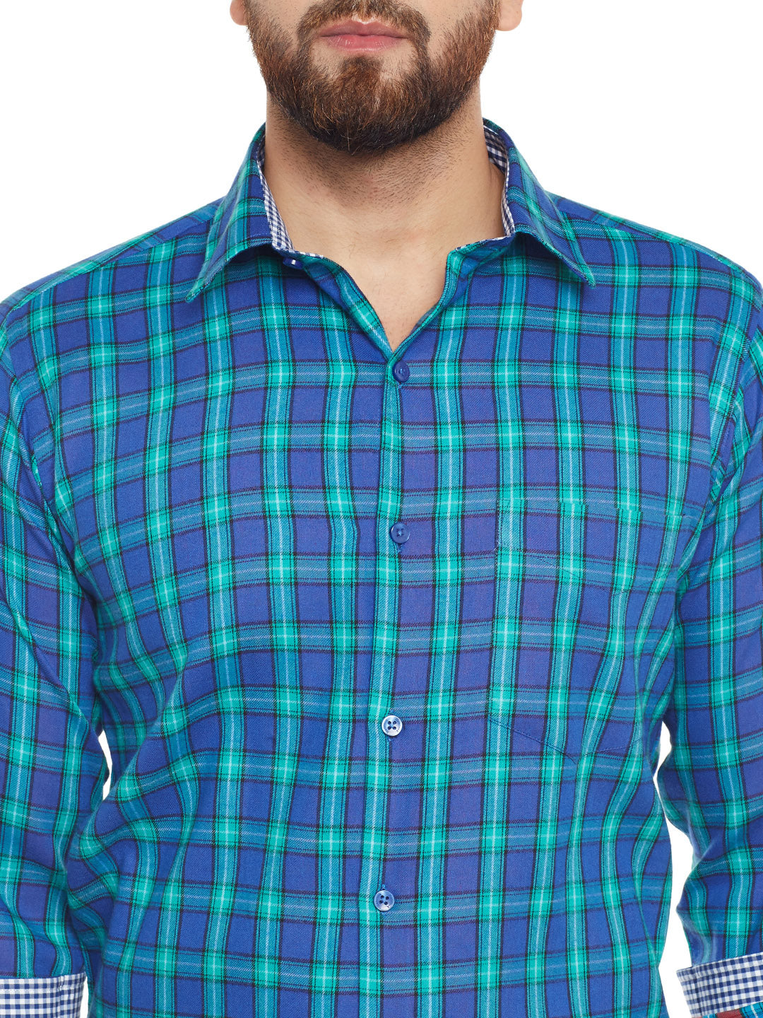 Men Turquoise Blue Checked Pure Cotton Slim Fit Casual shirt