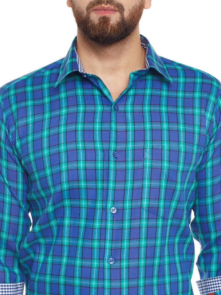Men Turquoise Blue Checked Pure Cotton Slim Fit Casual shirt