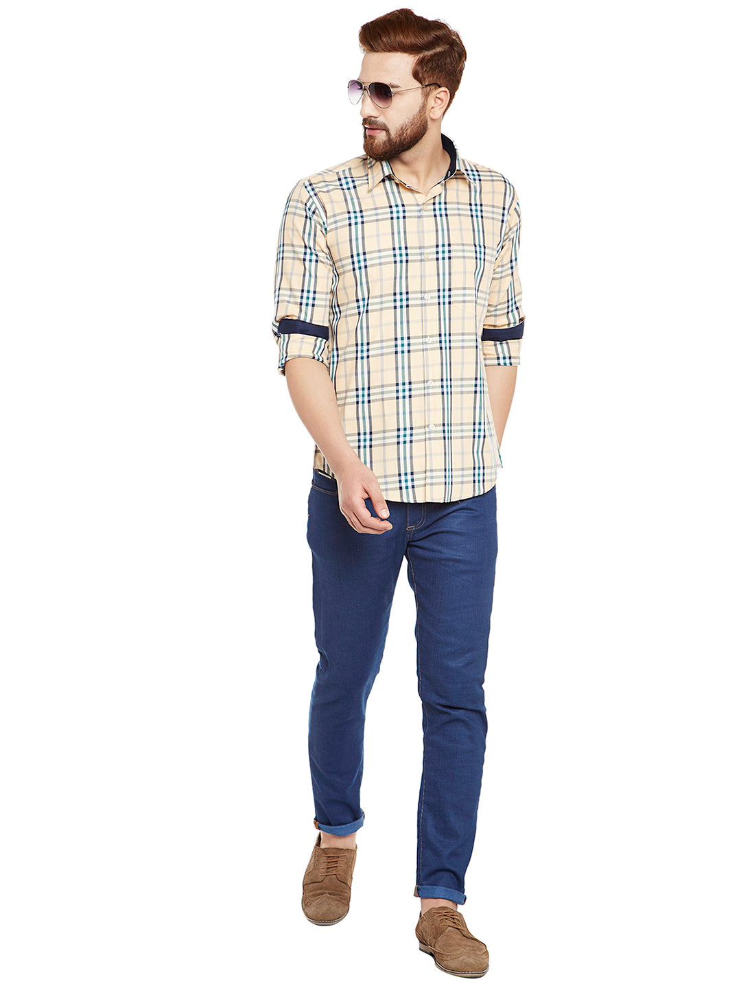 Men Beige Pure Cotton Checked Slim Fit Casual Shirt