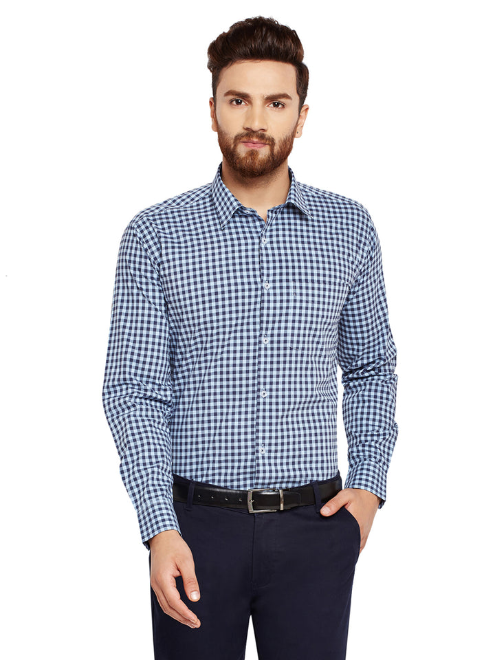 Men Blue Checks Slim Fit Pure Cotton Formal Shirt