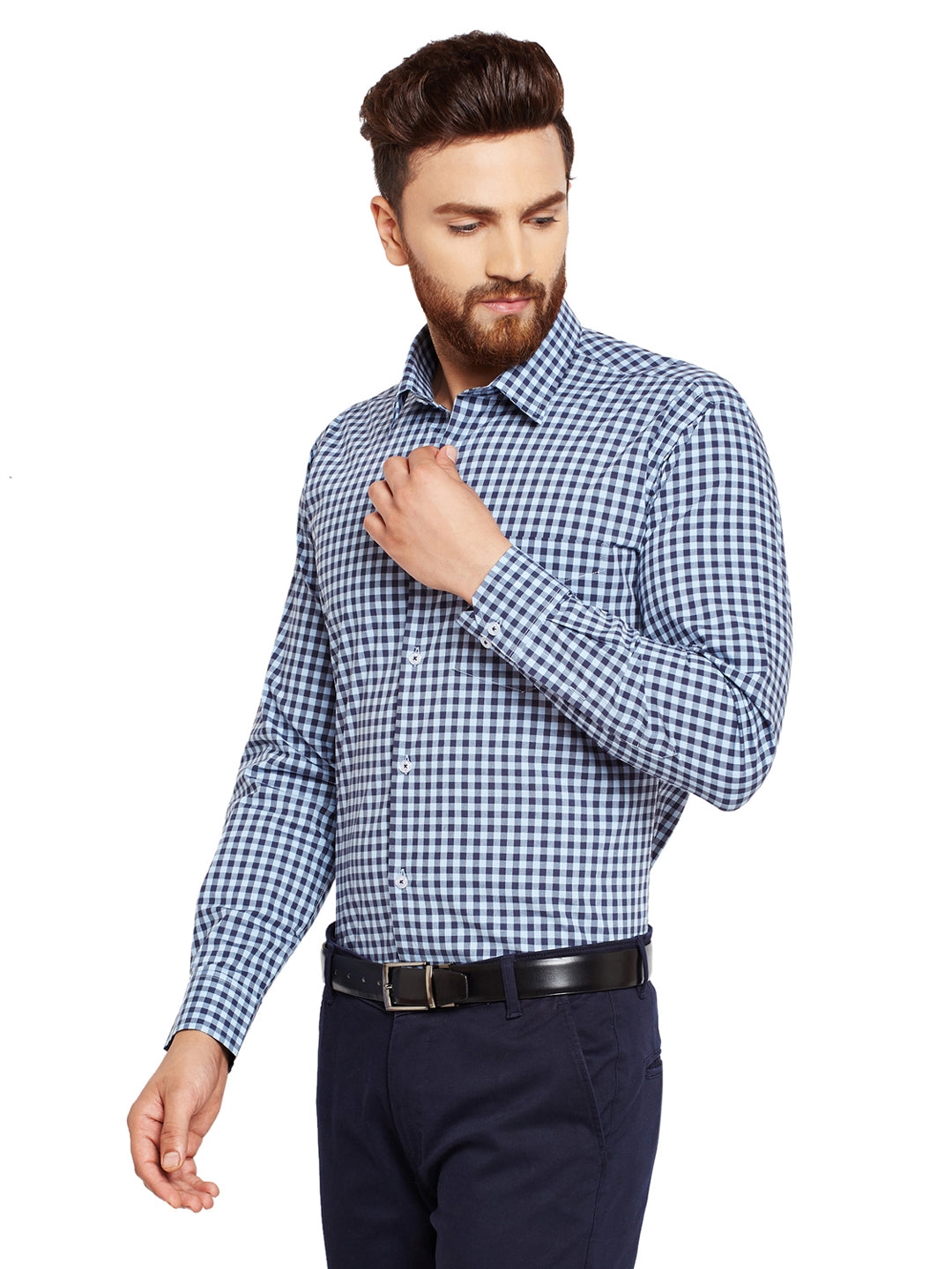 Men Blue Checks Slim Fit Pure Cotton Formal Shirt