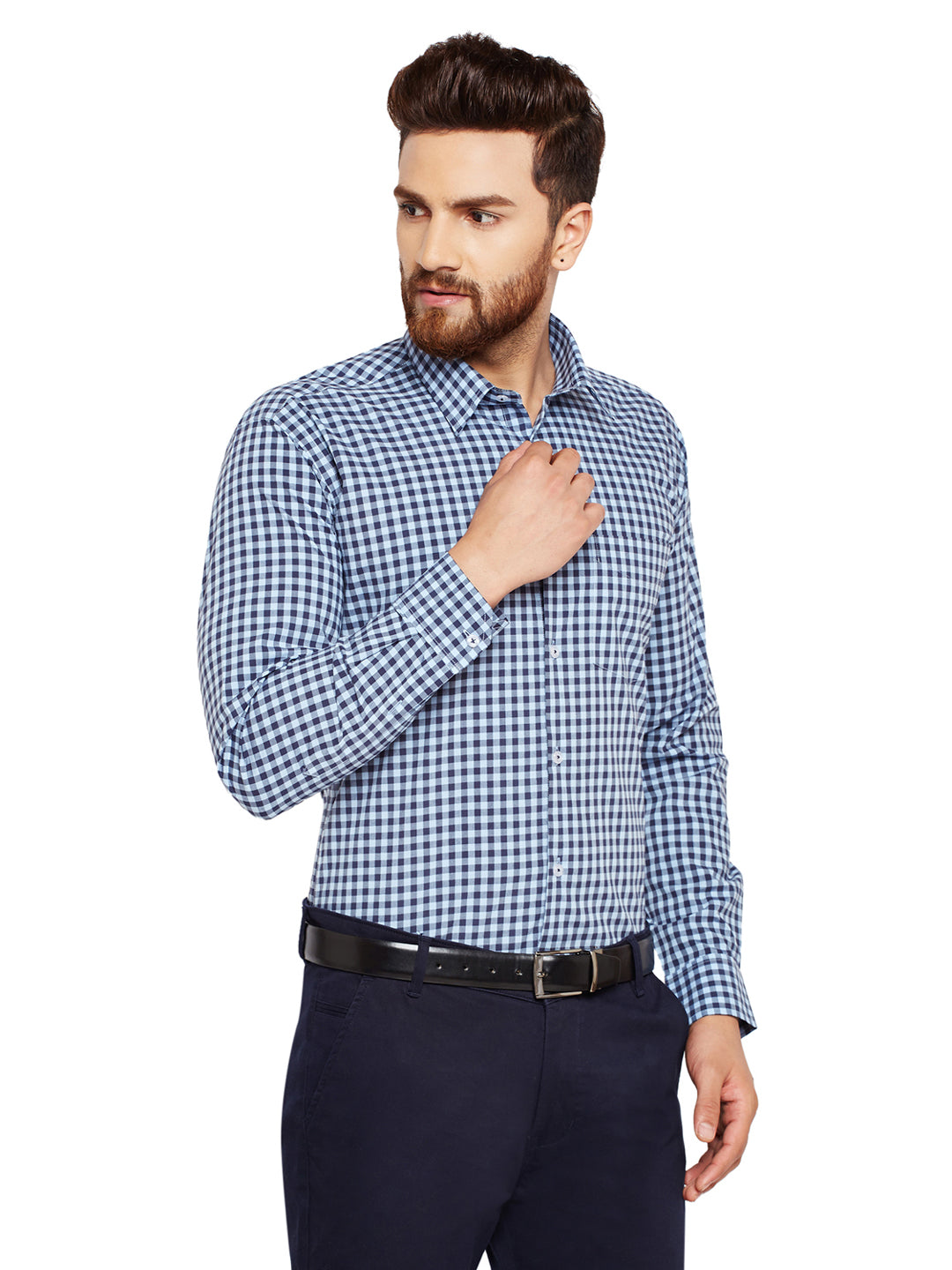 Men Blue Checks Slim Fit Pure Cotton Formal Shirt