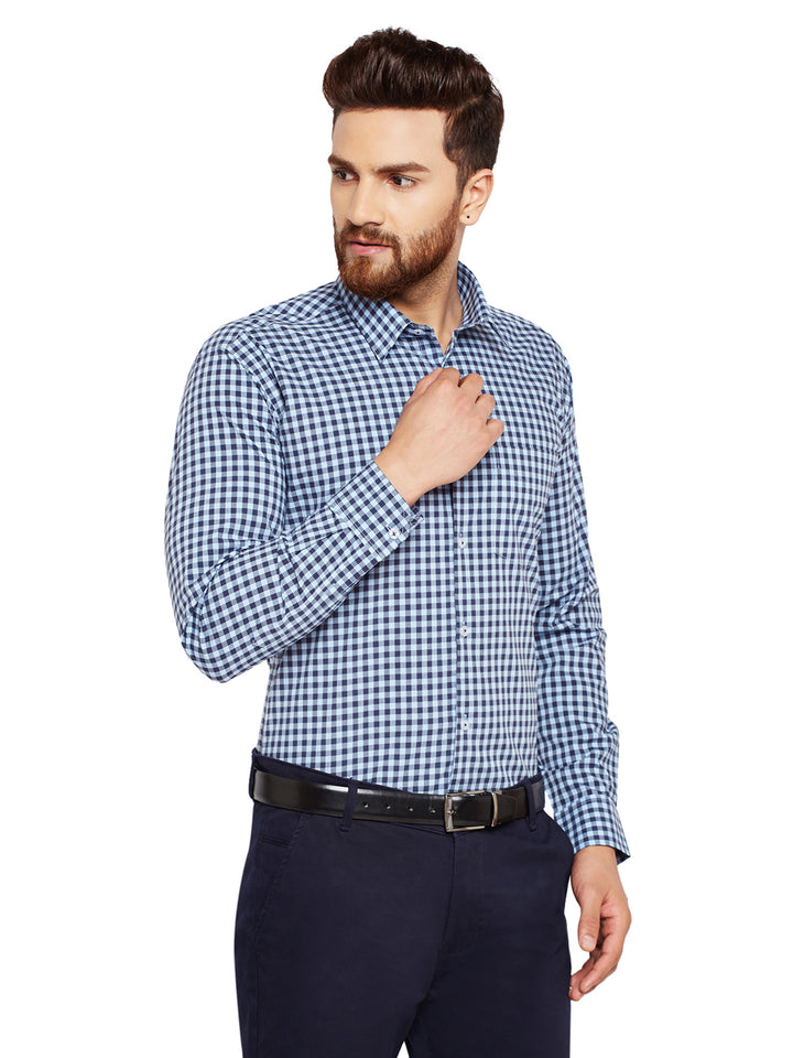 Men Blue Checks Slim Fit Pure Cotton Formal Shirt