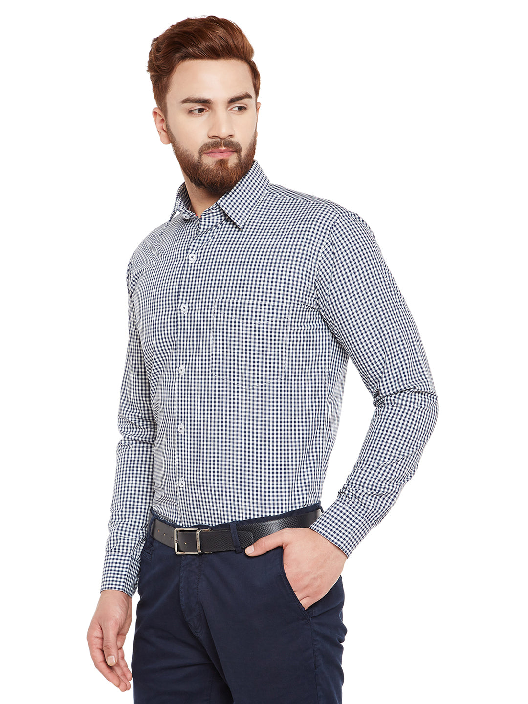 Men Navy Blue Checks Slim Fit Pure Cotton Formal Shirt