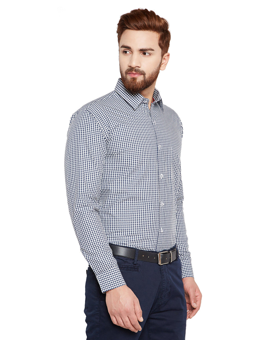 Men Navy Blue Checks Slim Fit Pure Cotton Formal Shirt