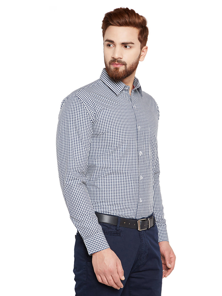 Men Navy Blue Checks Slim Fit Pure Cotton Formal Shirt