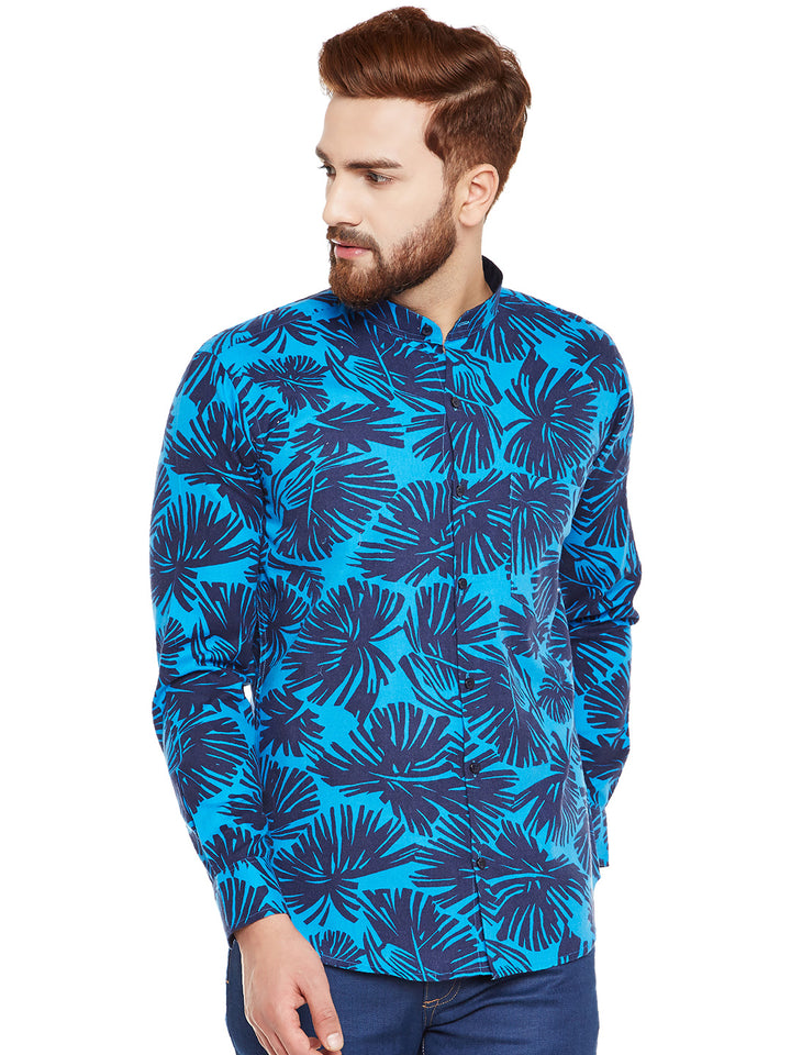 Men Blue Printed Pure Cotton Slim Fit Casual Shirt