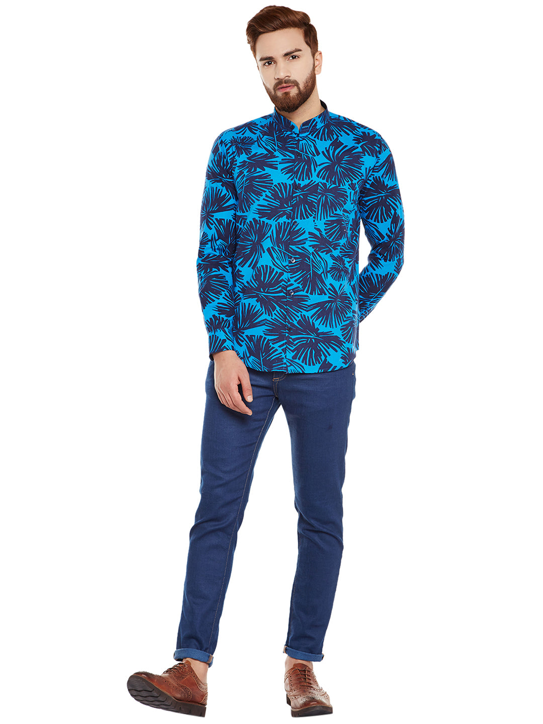 Men Blue Printed Pure Cotton Slim Fit Casual Shirt