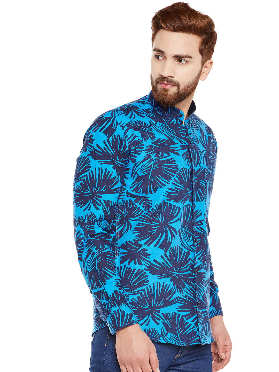 Men Blue Printed Pure Cotton Slim Fit Casual Shirt