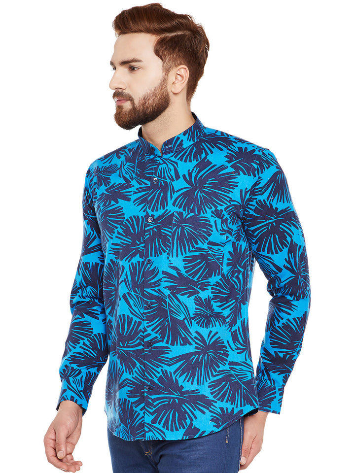 Men Blue Printed Pure Cotton Slim Fit Casual Shirt