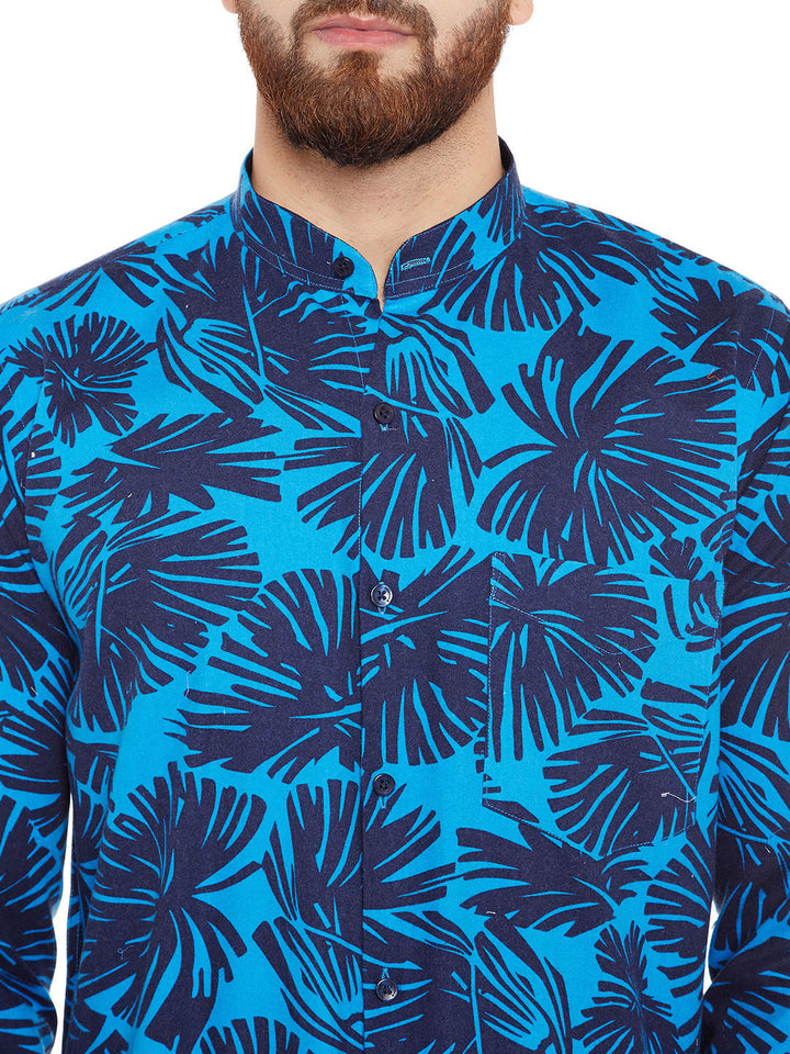 Men Blue Printed Pure Cotton Slim Fit Casual Shirt