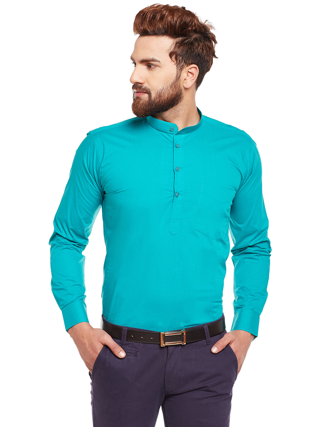 Men Green Solid Mandarin Collar Pure Cotton Slim Fit Formal Shirt