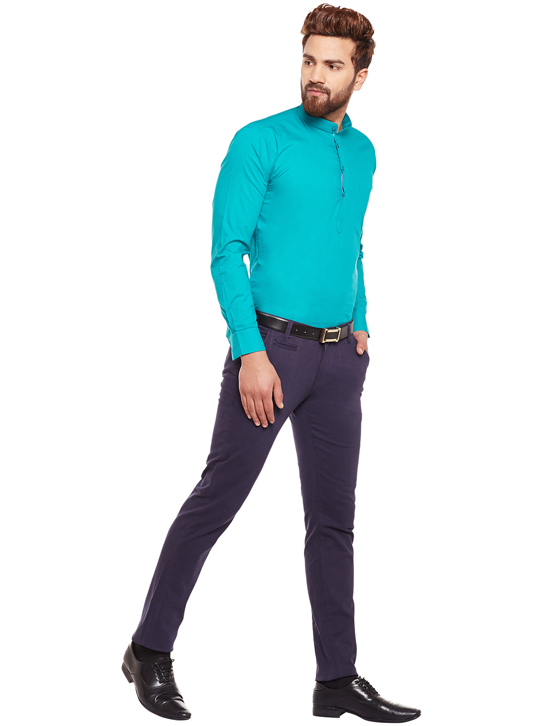 Men Green Solid Mandarin Collar Pure Cotton Slim Fit Formal Shirt