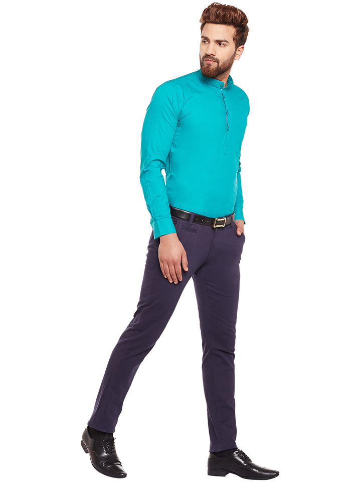 Men Green Solid Mandarin Collar Pure Cotton Slim Fit Formal Shirt