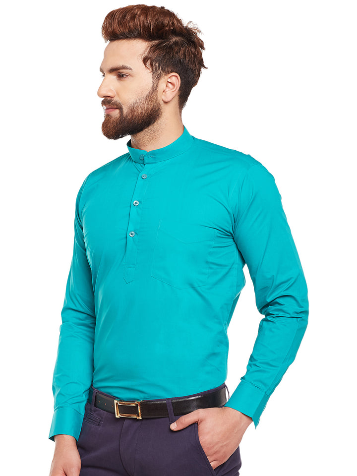 Men Green Solid Mandarin Collar Pure Cotton Slim Fit Formal Shirt