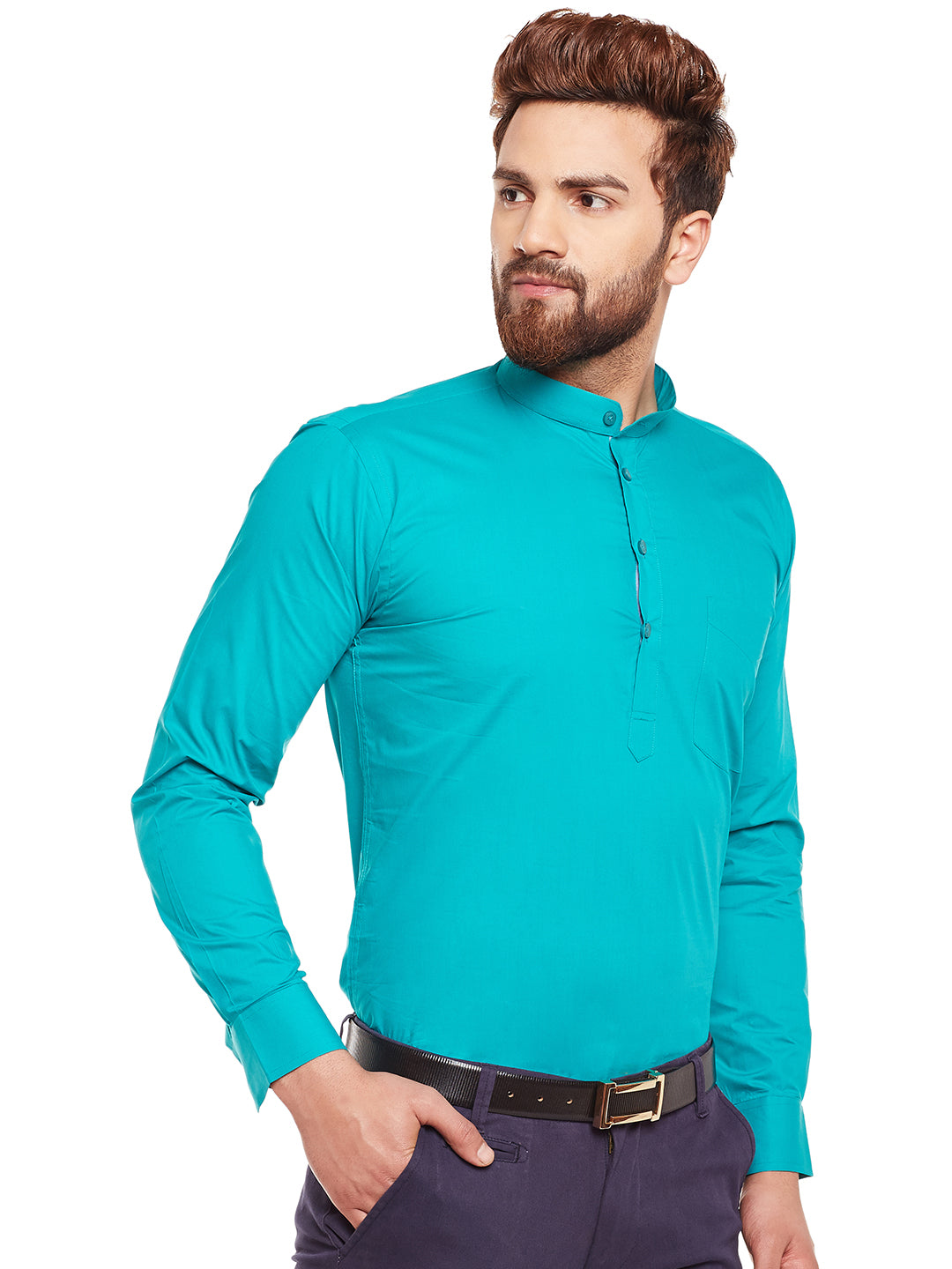 Men Green Solid Mandarin Collar Pure Cotton Slim Fit Formal Shirt
