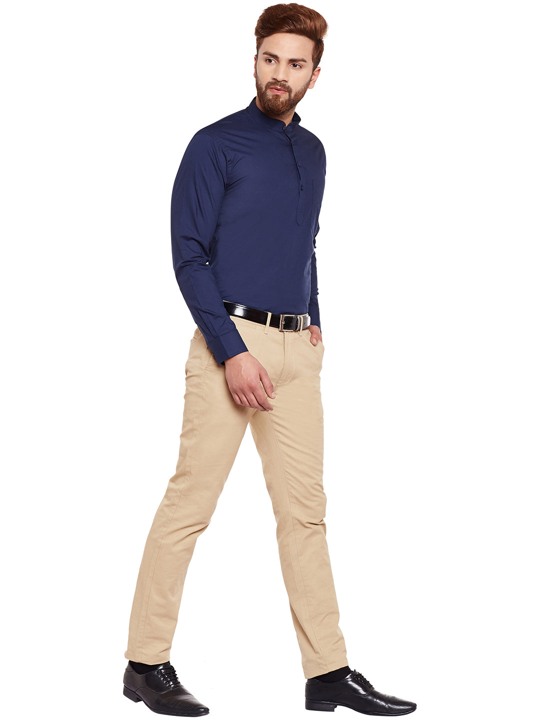 Men Navy Blue Solid Mandarin Collar Pure Cotton Slim Fit Formal Shirt