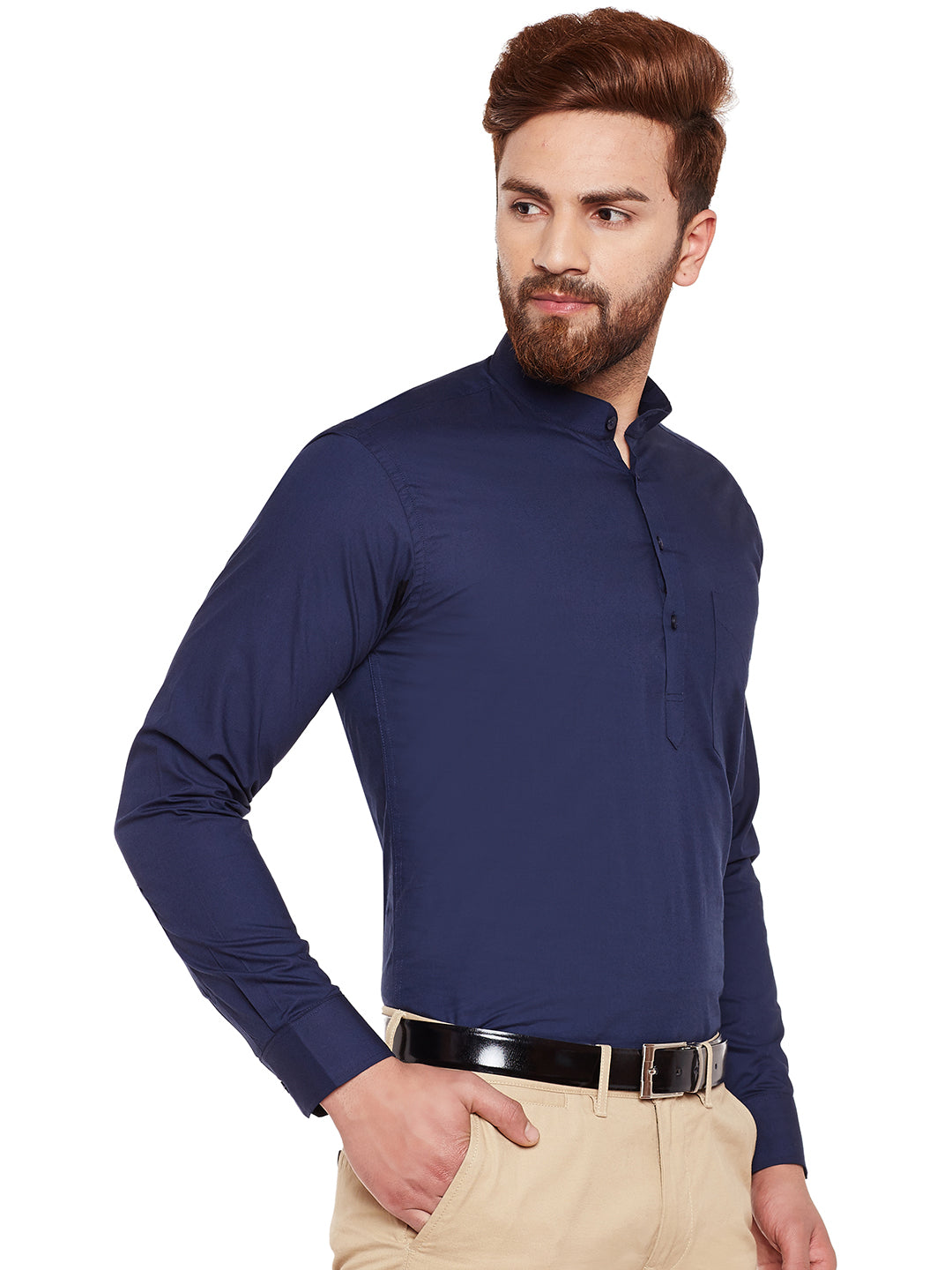 Men Navy Blue Solid Mandarin Collar Pure Cotton Slim Fit Formal Shirt