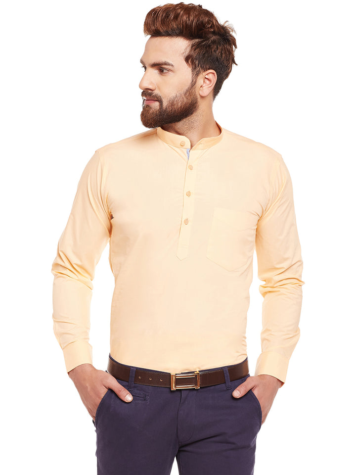 Men Peach Solid Mandarin Collar Pure Cotton Slim Fit Formal Shirt