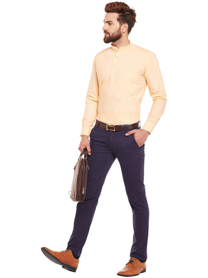 Men Peach Solid Mandarin Collar Pure Cotton Slim Fit Formal Shirt