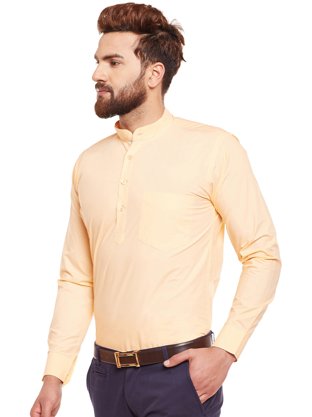 Men Peach Solid Mandarin Collar Pure Cotton Slim Fit Formal Shirt