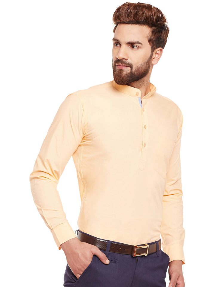 Men Peach Solid Mandarin Collar Pure Cotton Slim Fit Formal Shirt