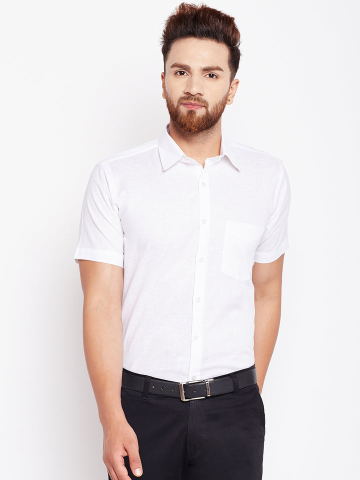 Men White Solid  Cotton Linen Slim Fit Formal Shirt