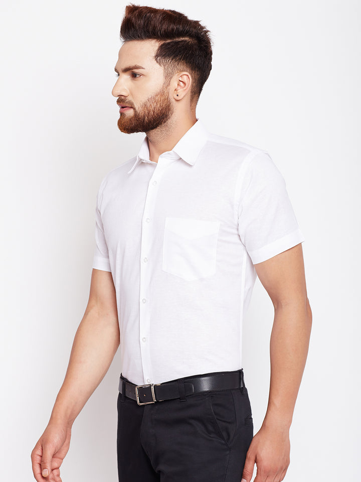 Men White Solid  Cotton Linen Slim Fit Formal Shirt