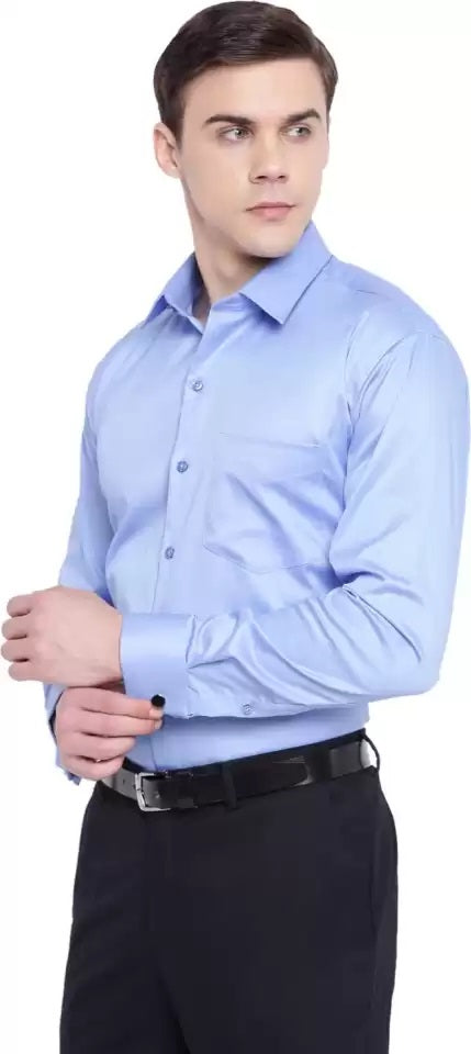 Men Blue Solid Slim Fit French Cuff Pure Cotton Formal Shirt