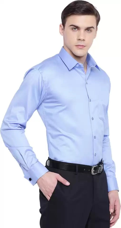 Men Blue Solid Slim Fit French Cuff Pure Cotton Formal Shirt