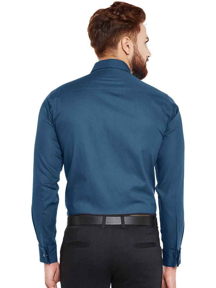 Men Turquoise Blue Solid French Cuff Pure Cotton Slim Fit Formal Shirt
