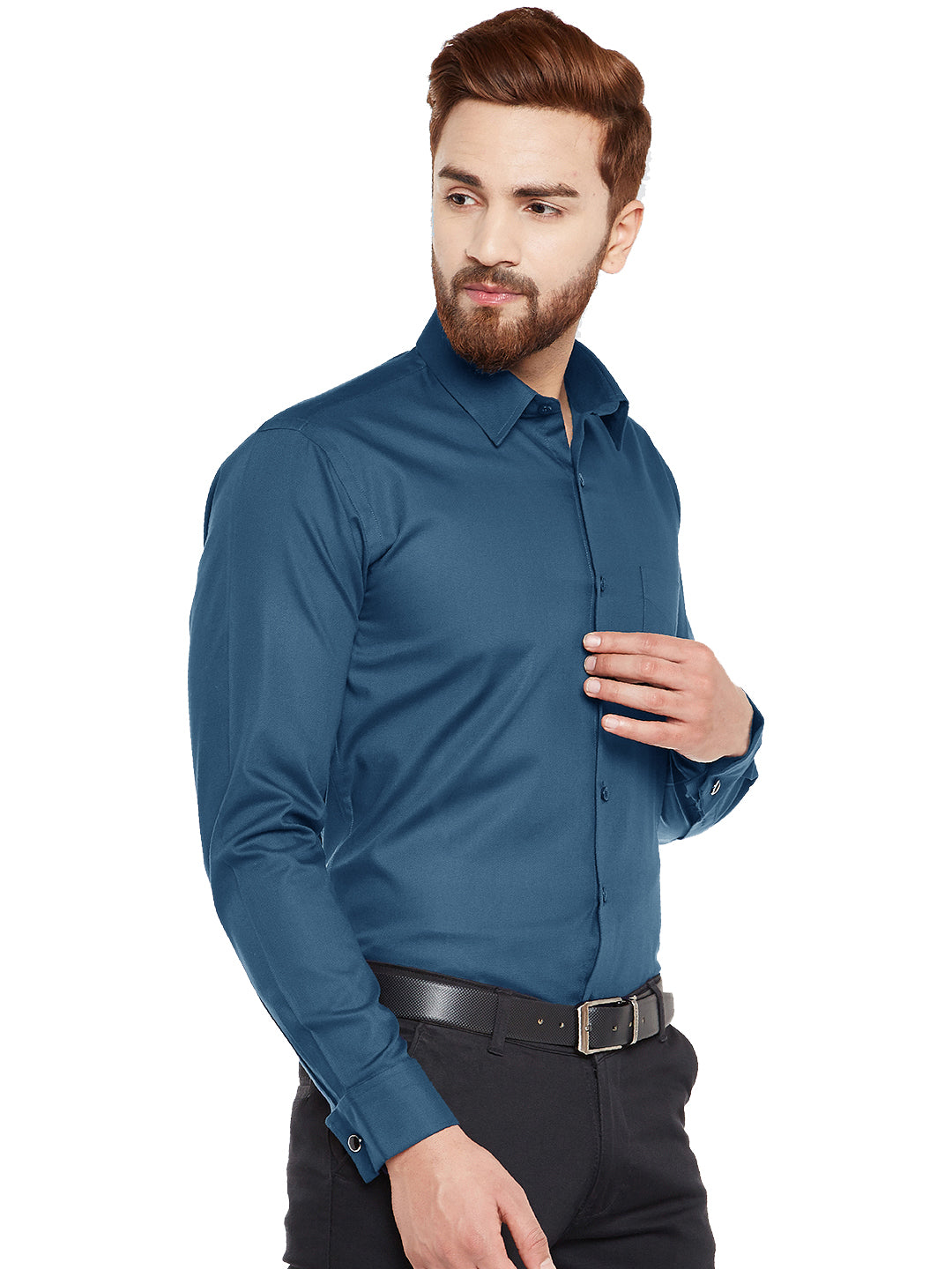 Men Turquoise Blue Solid French Cuff Pure Cotton Slim Fit Formal Shirt