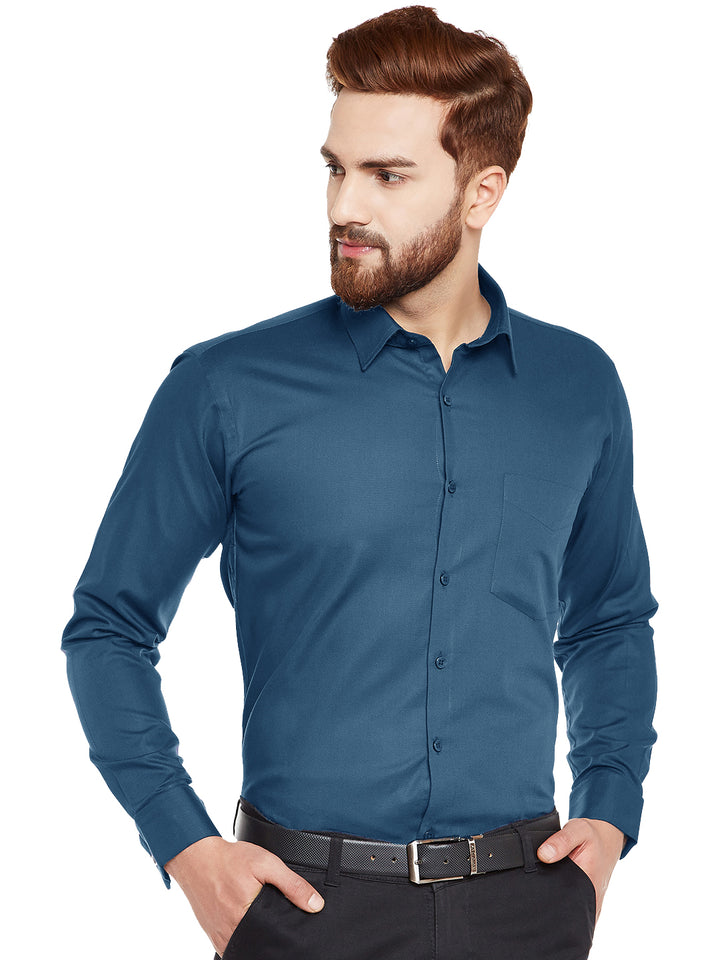 Men Turquoise Blue Solid French Cuff Pure Cotton Slim Fit Formal Shirt