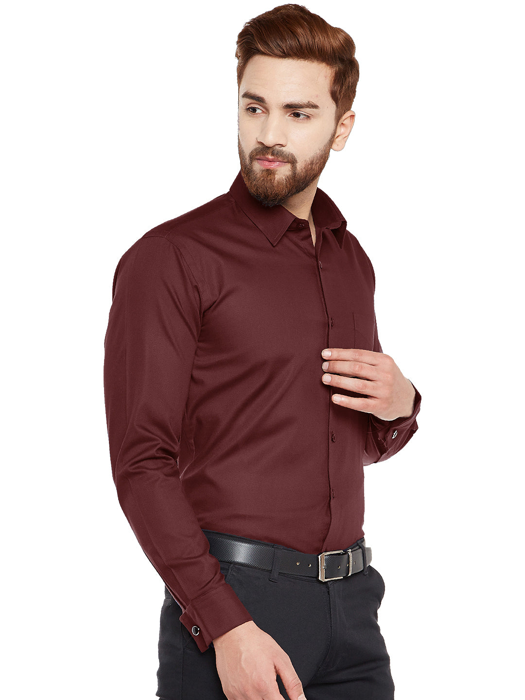 Men Maroon French Cuff Solid Pure Cotton Slim Fit Formal Shirt