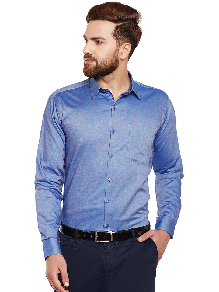 Men Blue Self Design Pure Cotton Slim Fit Formal Shirt