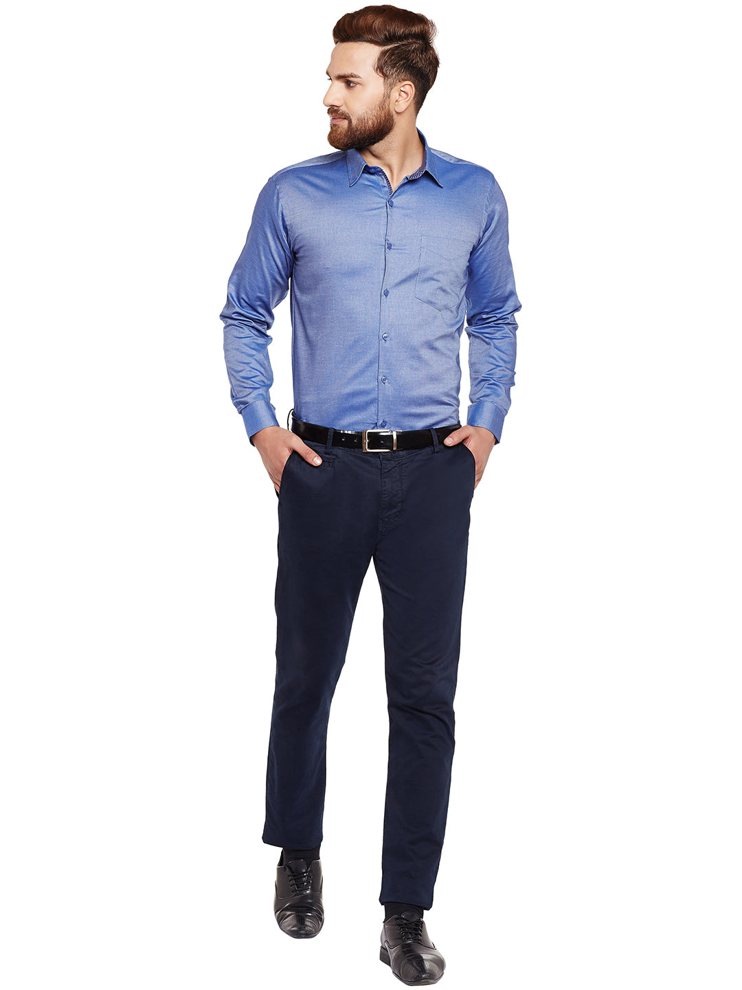 Men Blue Self Design Pure Cotton Slim Fit Formal Shirt