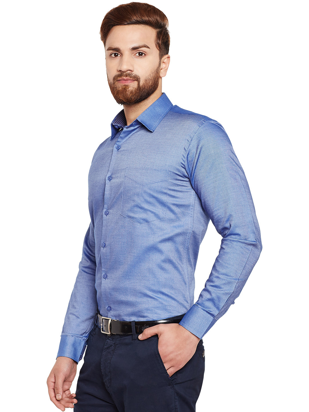 Men Blue Self Design Pure Cotton Slim Fit Formal Shirt