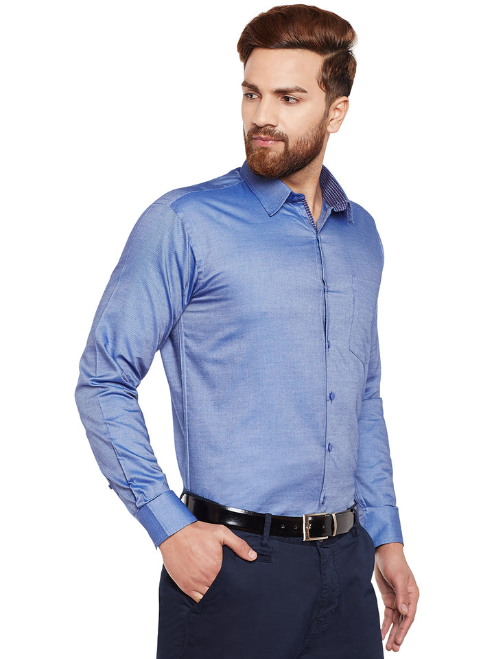 Men Blue Self Design Pure Cotton Slim Fit Formal Shirt