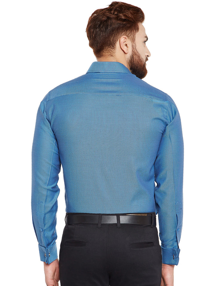 Men Turquoise Blue Self Design Pure Cotton Slim Fit Formal Shirt