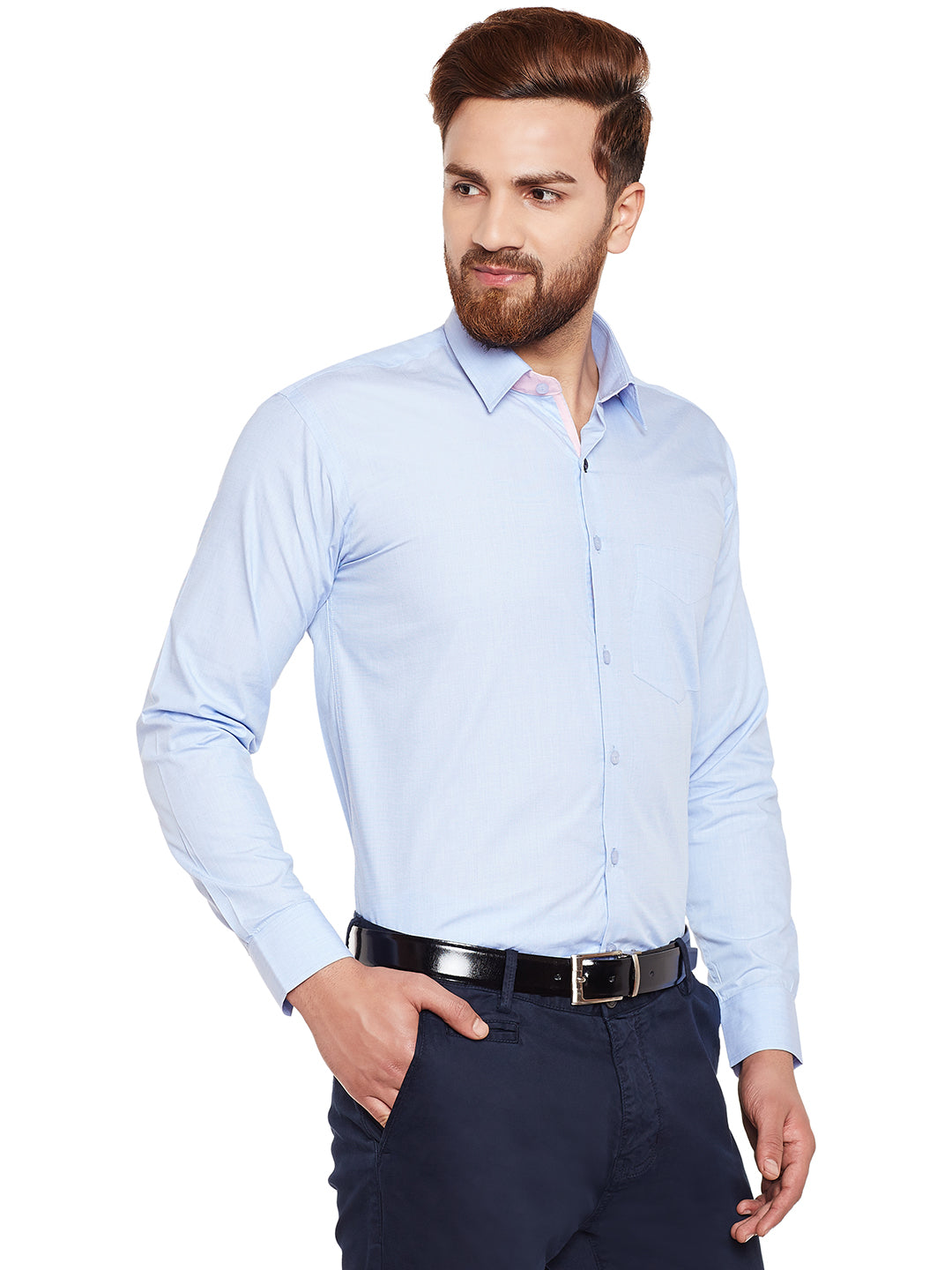 Men Sky Blue Solid Fila Fil Pure Cotton Slim Fit Formal Shirt