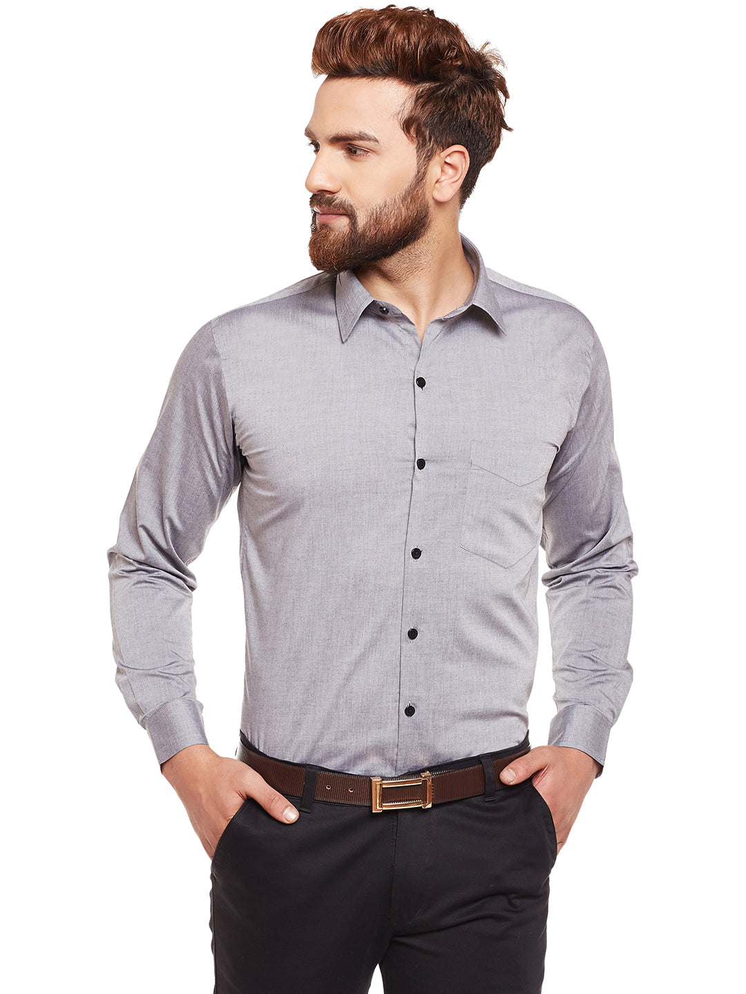 Men Grey Solid Chambray Pure Cotton Slim Fit Formal Shirt