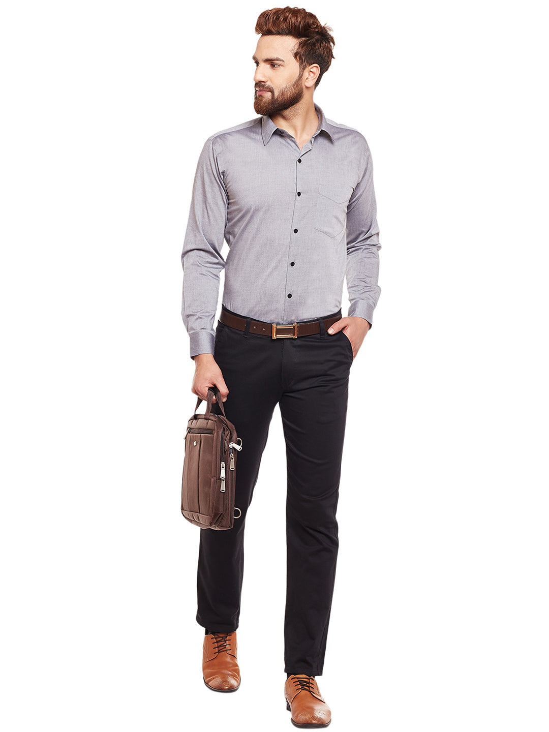 Men Grey Solid Chambray Pure Cotton Slim Fit Formal Shirt