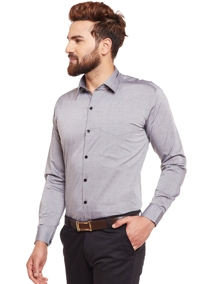 Men Grey Solid Chambray Pure Cotton Slim Fit Formal Shirt