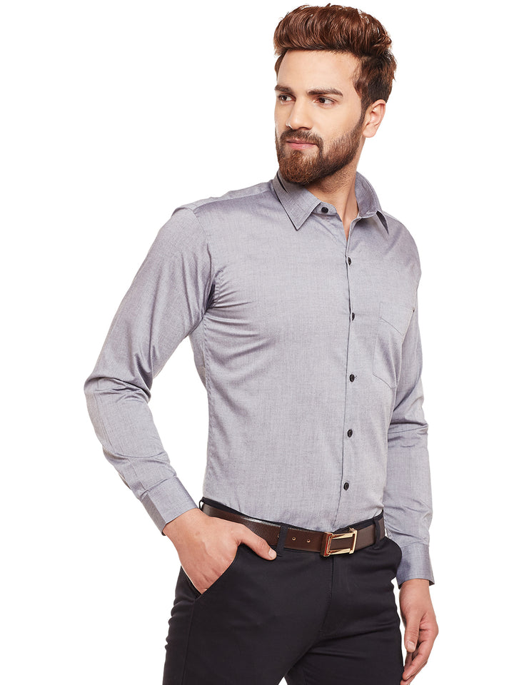 Men Grey Solid Chambray Pure Cotton Slim Fit Formal Shirt