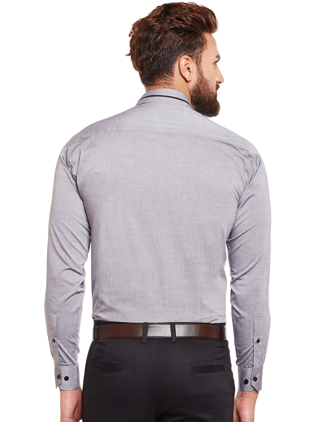 Men Grey Solid Chambray Pure Cotton Slim Fit Formal Shirt