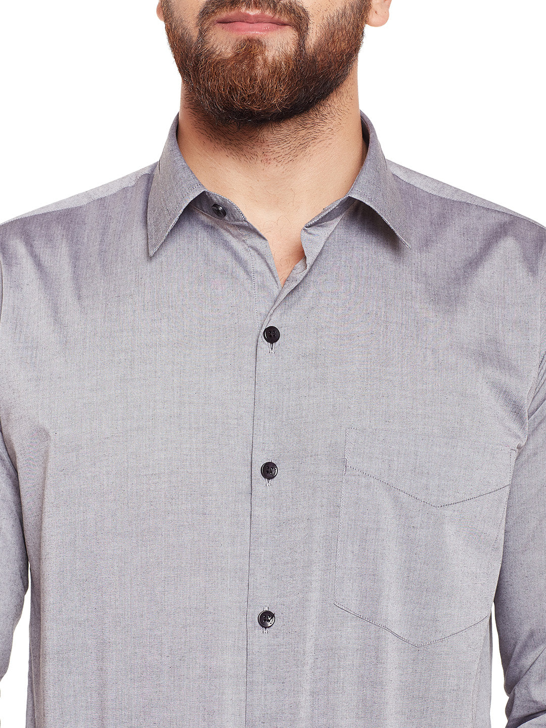Men Grey Solid Chambray Pure Cotton Slim Fit Formal Shirt