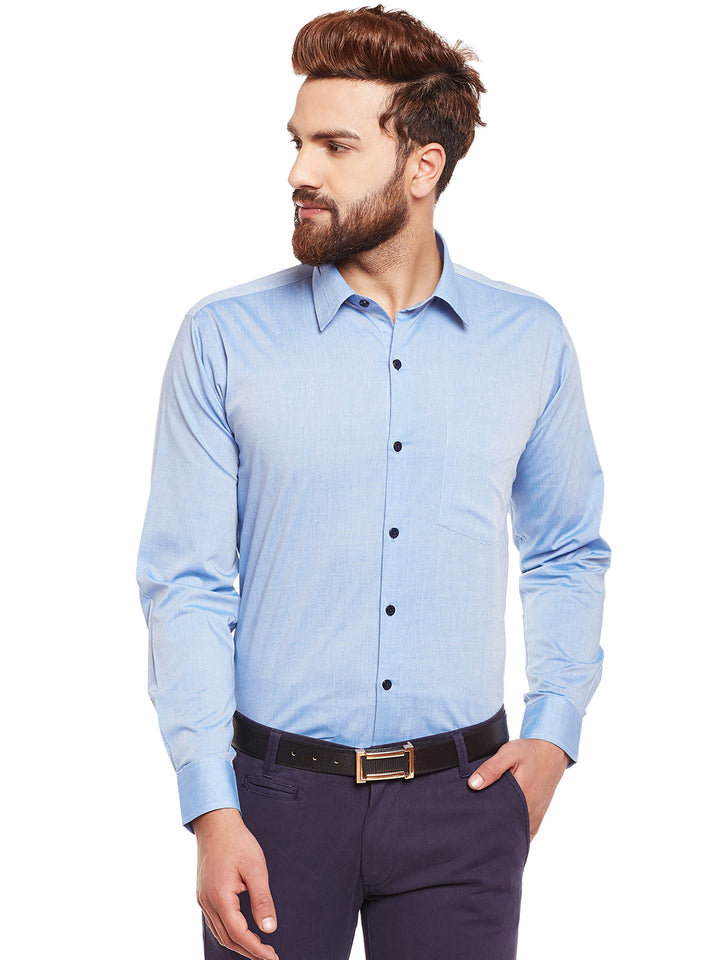 Men Sky Solid Chambray Pure Cotton Slim Fit Formal Shirt