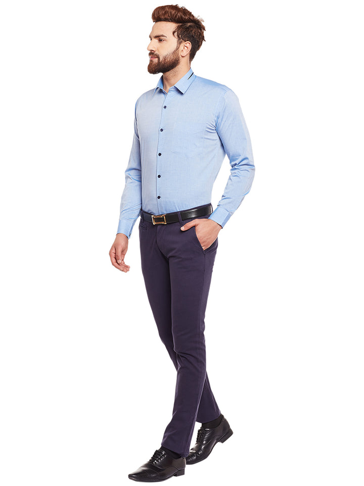 Men Sky Solid Chambray Pure Cotton Slim Fit Formal Shirt