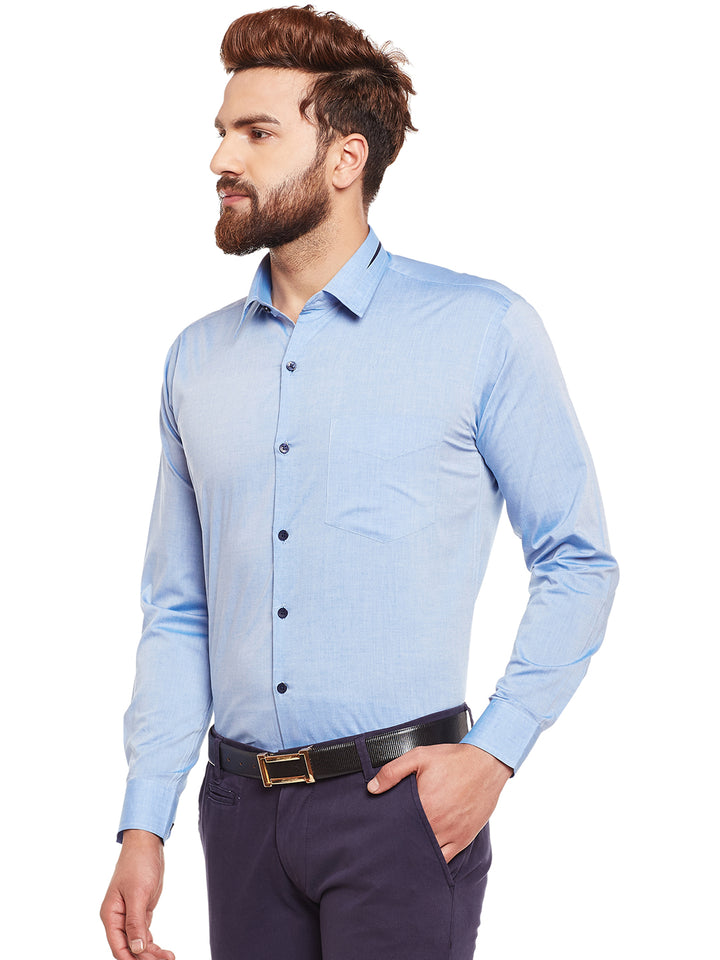 Men Sky Solid Chambray Pure Cotton Slim Fit Formal Shirt