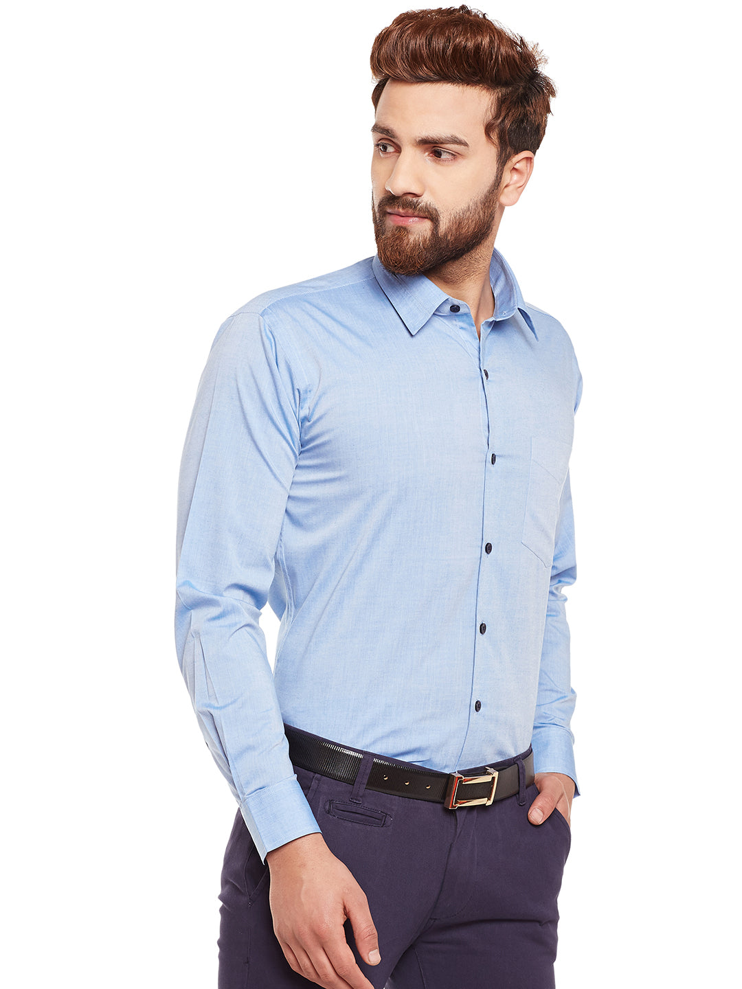 Men Sky Solid Chambray Pure Cotton Slim Fit Formal Shirt